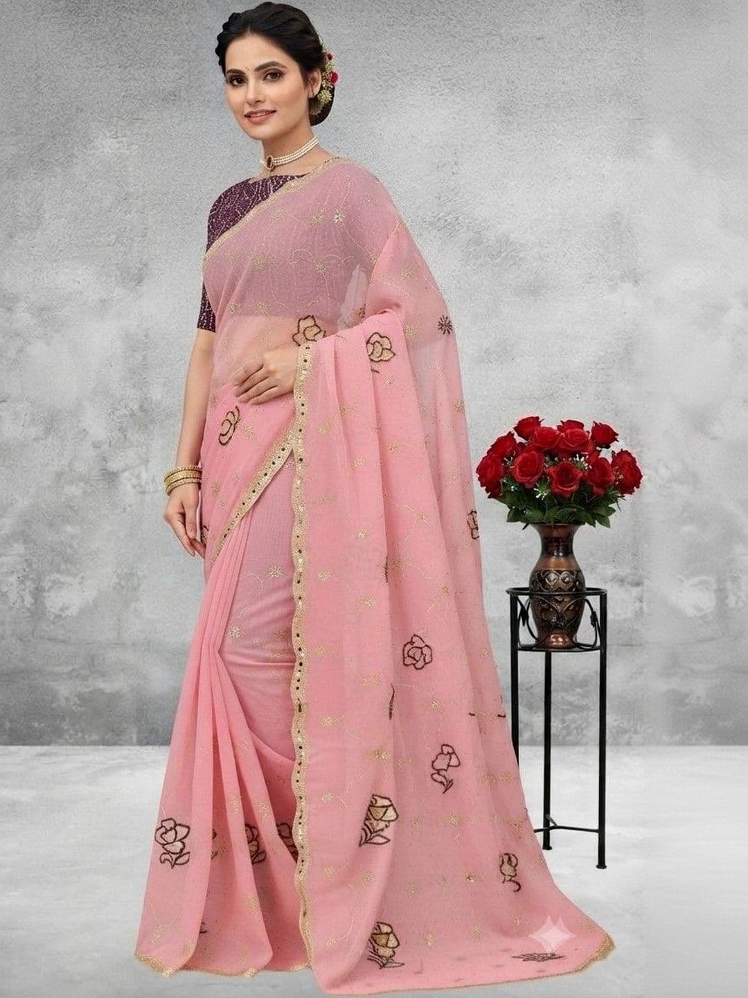 Kinjhit Fashion Floral Embroidered Poly Georgette Saree - view 1