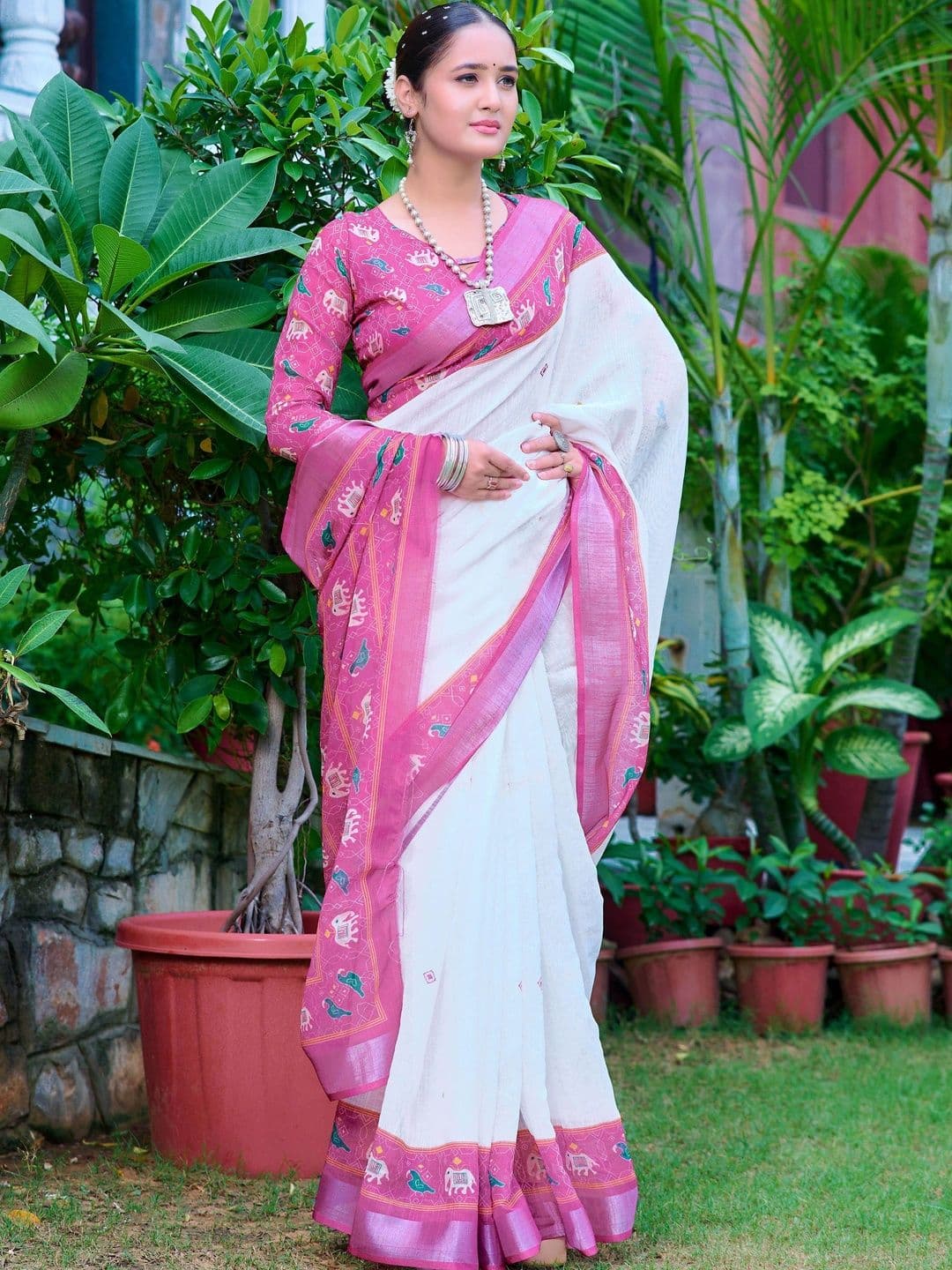 KALINI Floral Zari Pure Linen Fusion Saree - view 1