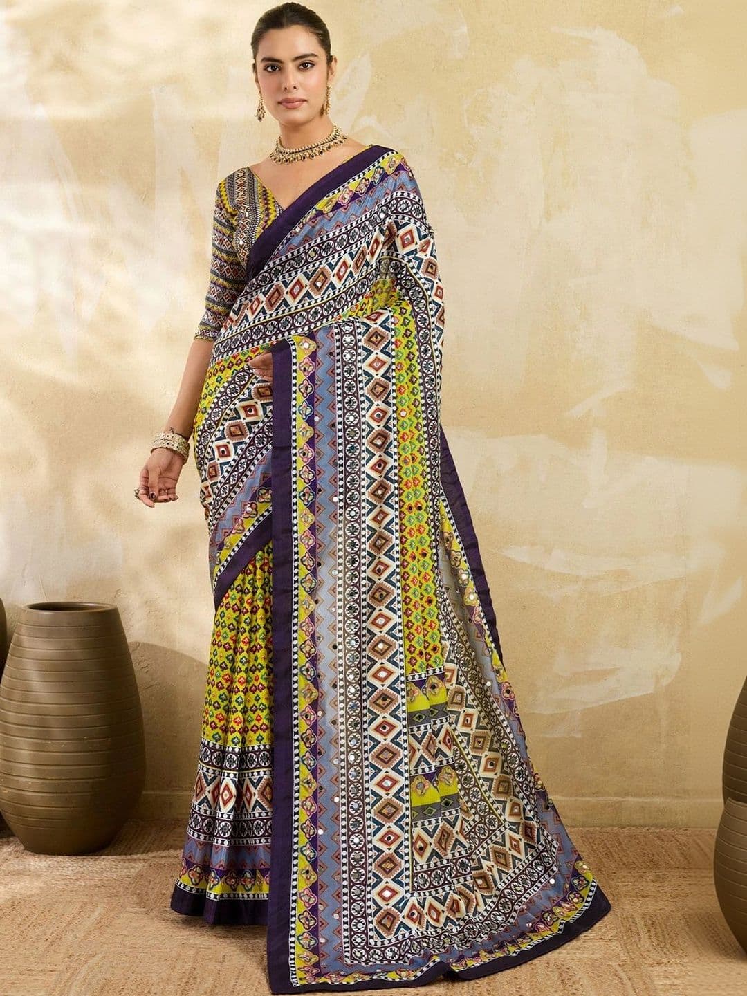 Sangria Ethnic Motifs Mirror Work Silk Blend Designer Saree - view 1