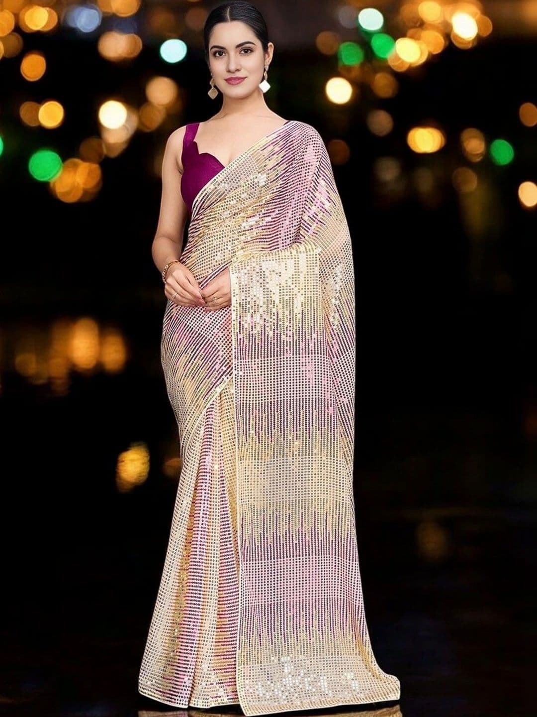 SZN Striped Sequinned Poly Georgette Designer Saree - view 1