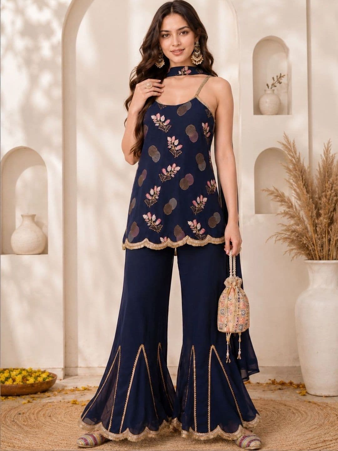 HERE&NOW Women Floral Embroidered Regular Thread Work Silk Georgette Kurta with Sharara & With Dupatta - view 1