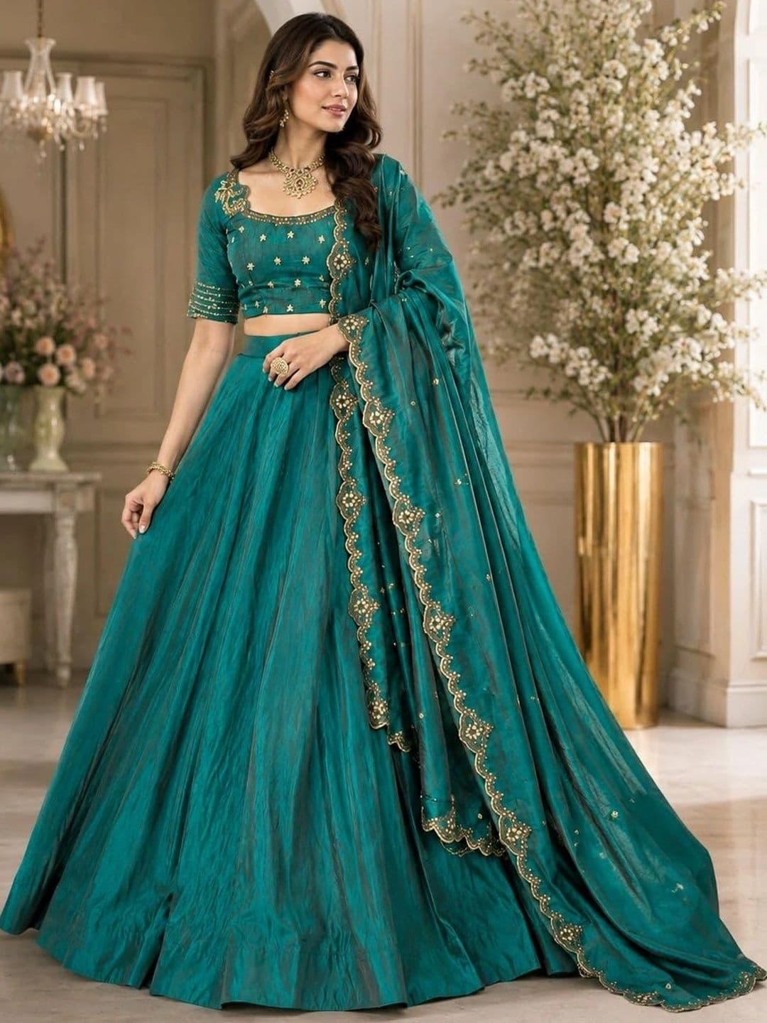 KALINI Embroidered Thread Work Ready to Wear Lehenga & Unstitched Blouse With Dupatta - view 1