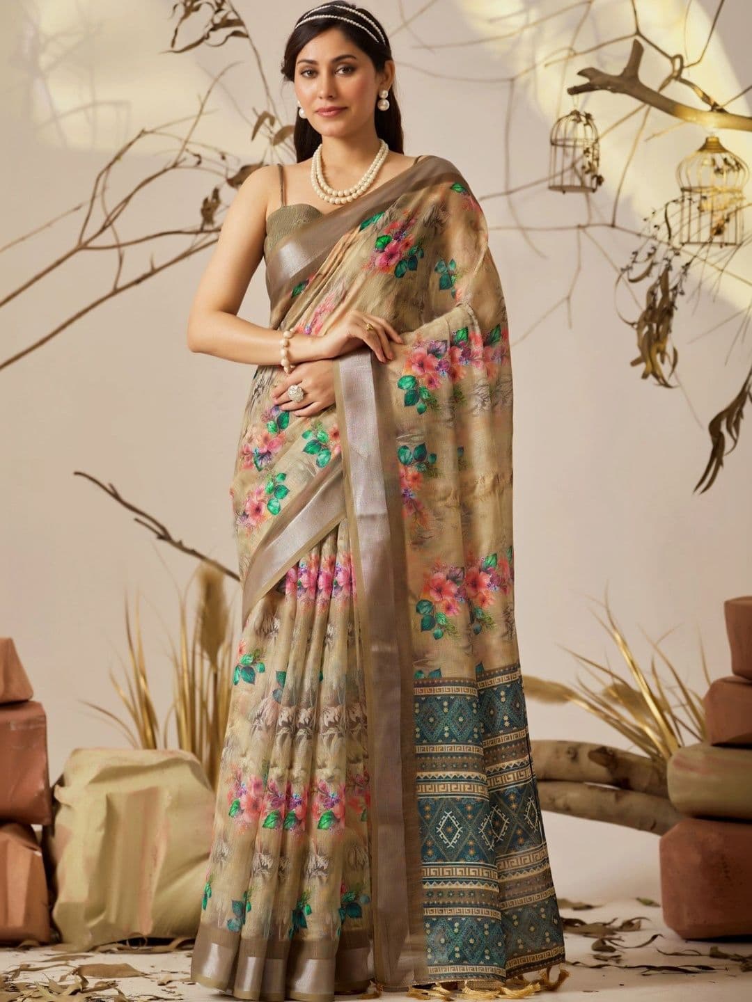 Mitera Floral Zari Linen Blend Designer Saree - view 1