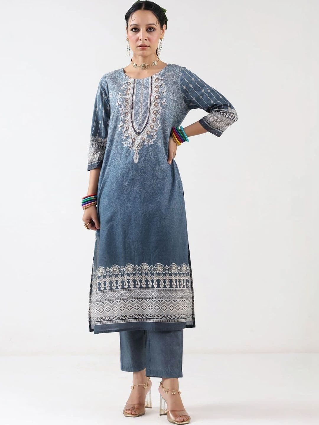 SOURAGYA Women Ethnic Motifs Printed Regular Sequinned Pure Cotton Kurta with Trousers & With Dupatta - view 1