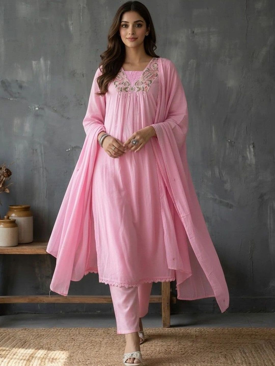 Liliba Embroidered V-Neck Straight Kurta & Trousers With Dupatta - view 1