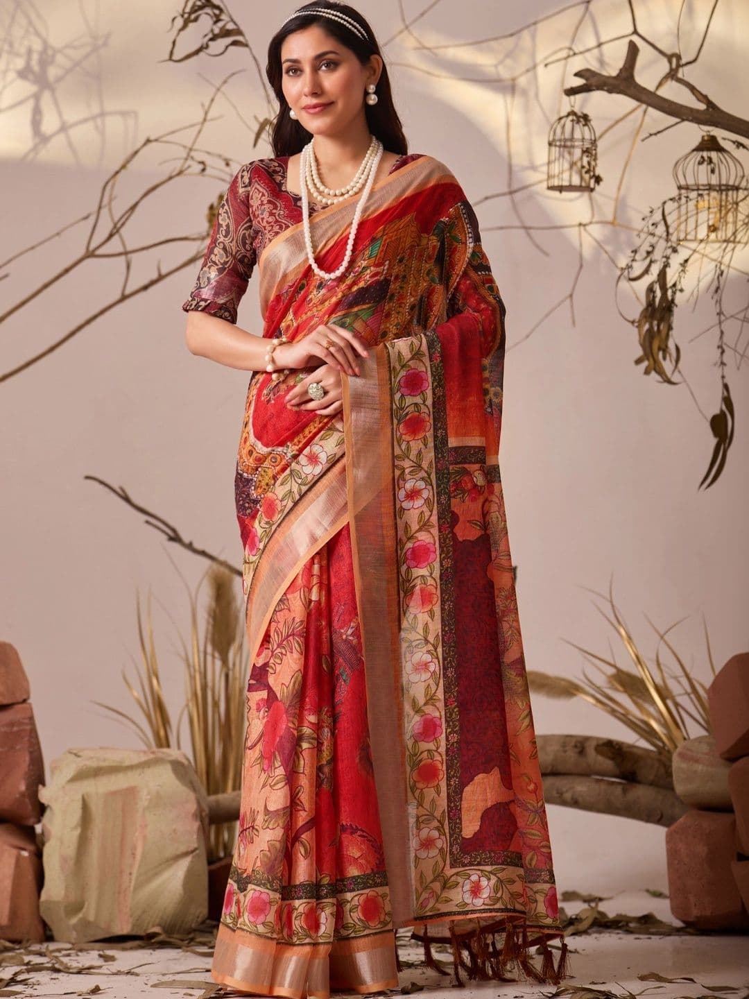 Mitera Ethnic Motifs Zari Linen Blend Designer Patola Saree - view 1