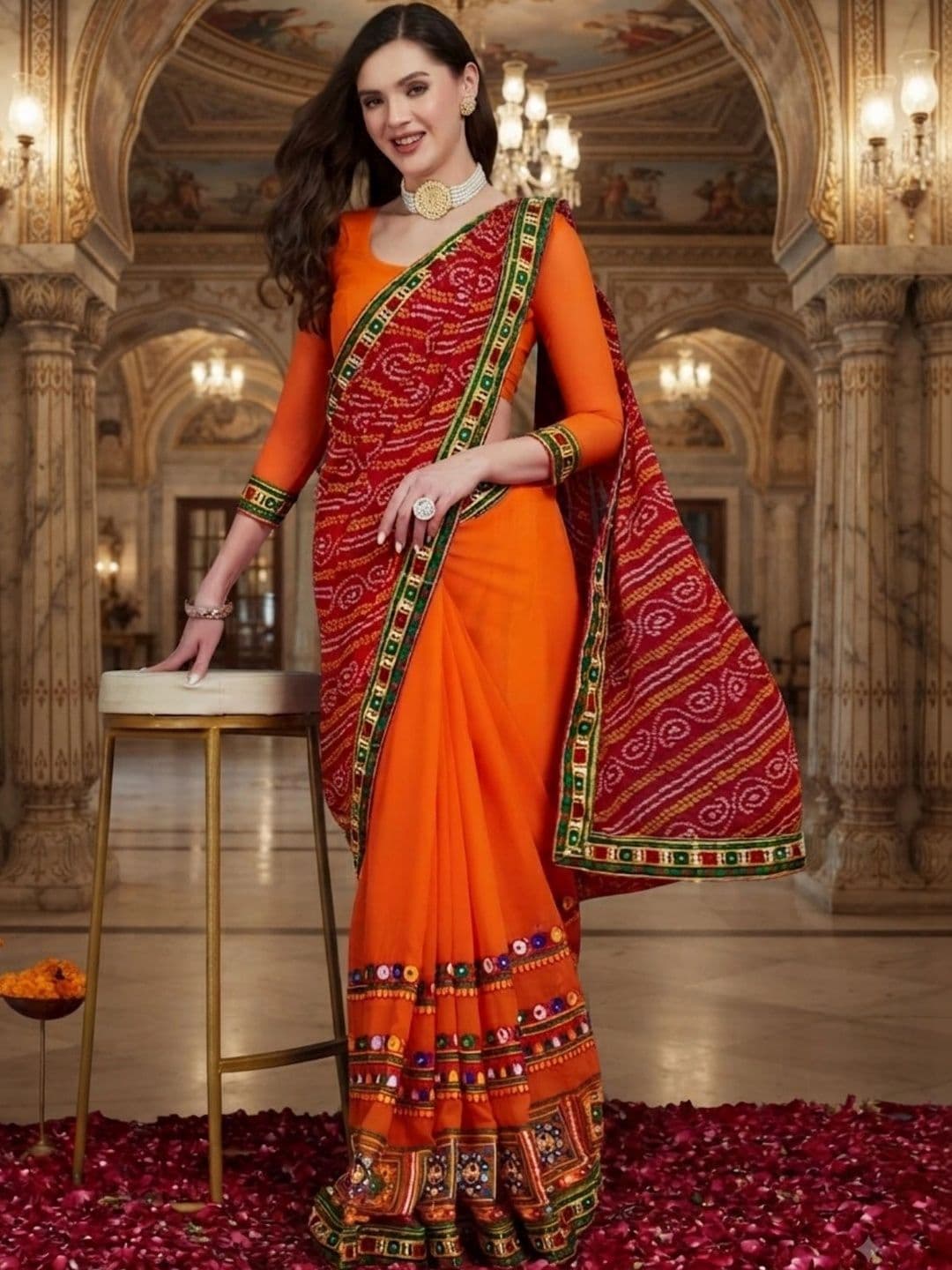 DIVASTRI Bandhani Embroidered Poly Georgette Half and Half Bandhani Saree - view 1