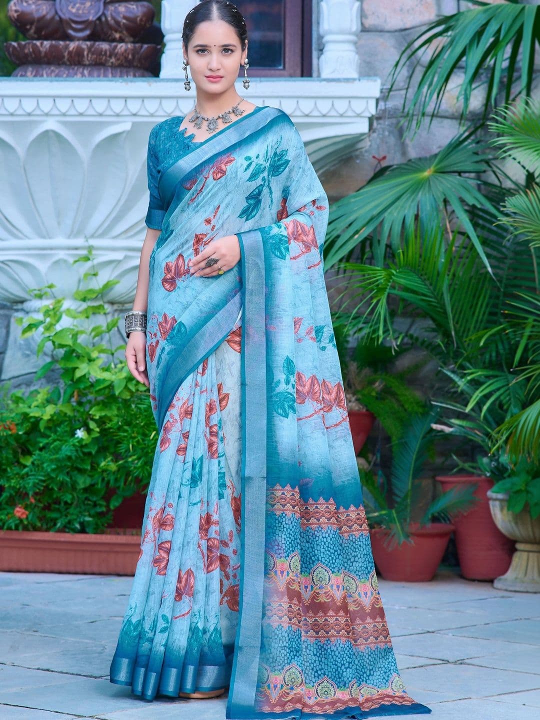 KALINI Floral Zari Pure Linen Fusion Saree - view 1