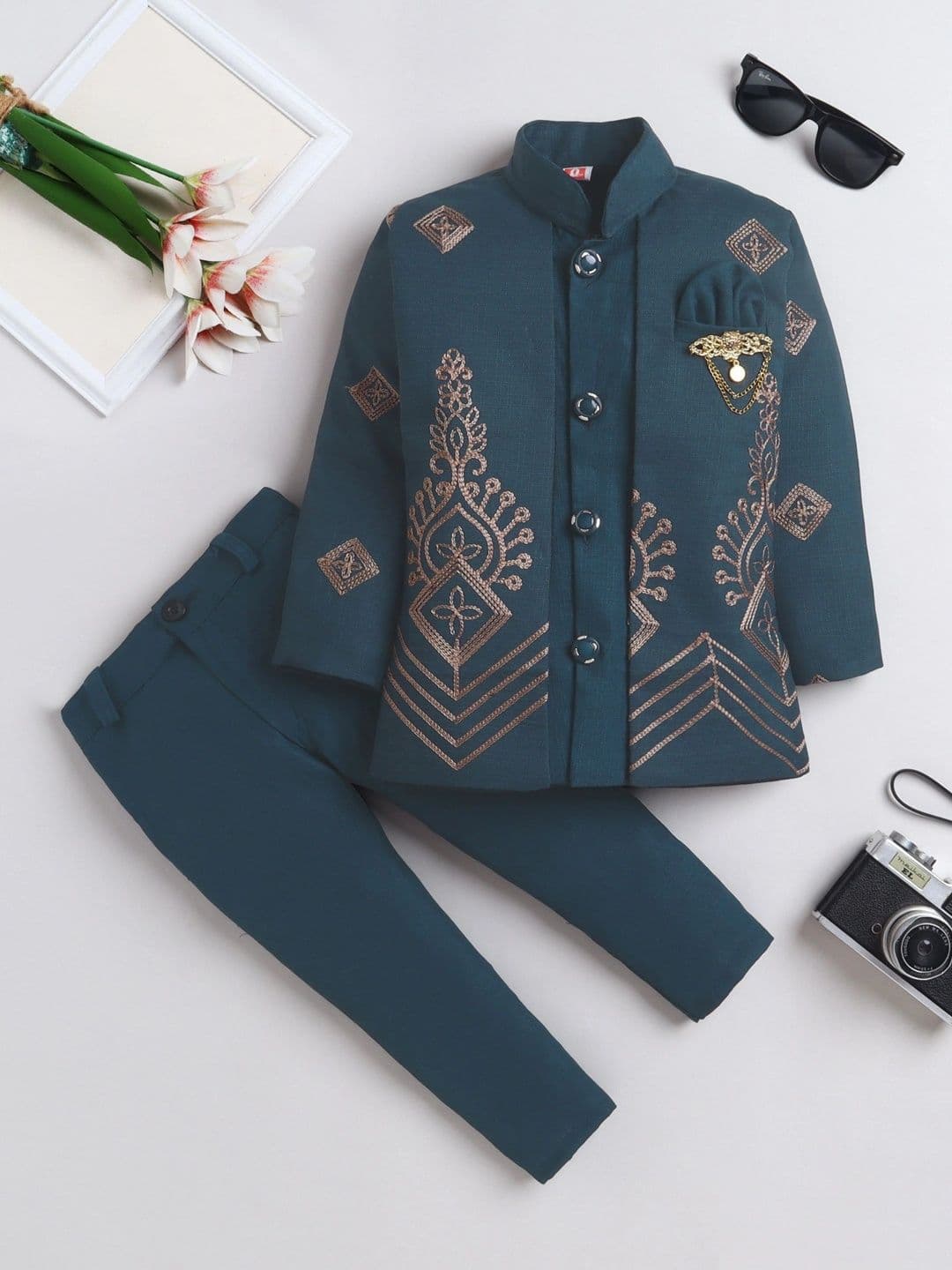 FOURFOLDS Boys Embroidered Mandarin Collar Sherwani - view 1