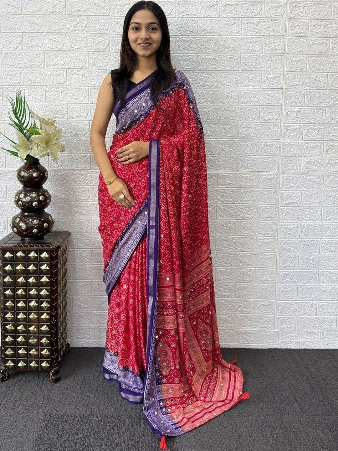 KOMAL NX Bandhani Mirror Work Pure Cotton Designer Saree - view 1