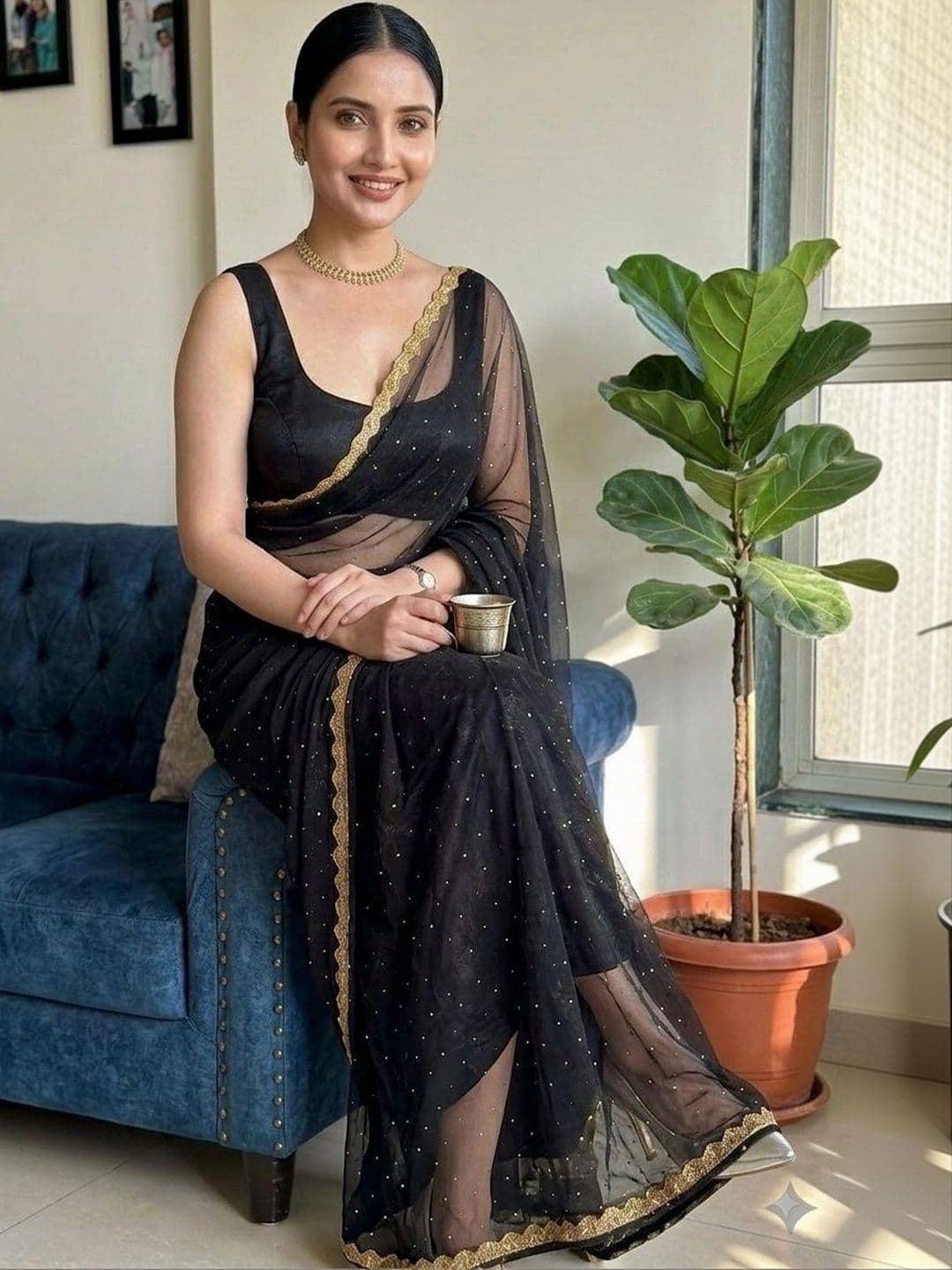 Akshmi Creation Embellished Supernet Saree - view 1