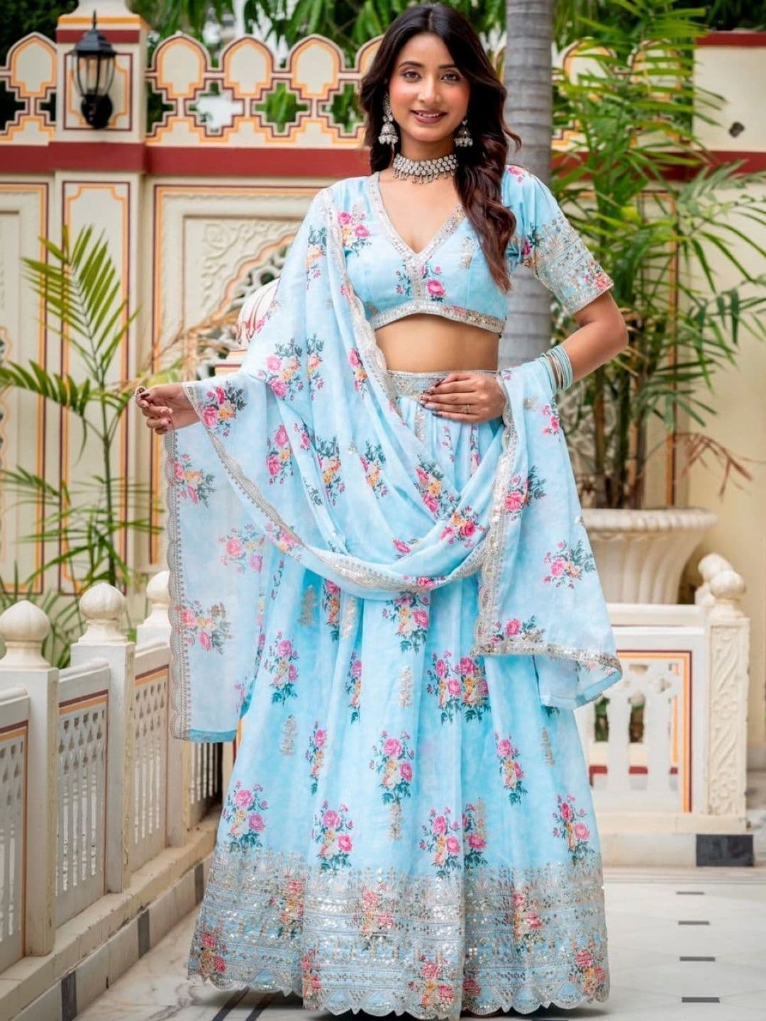 Poshak Bazaar Printed Sequinned Semi-Stitched Lehenga & Unstitched Blouse Taping - view 1