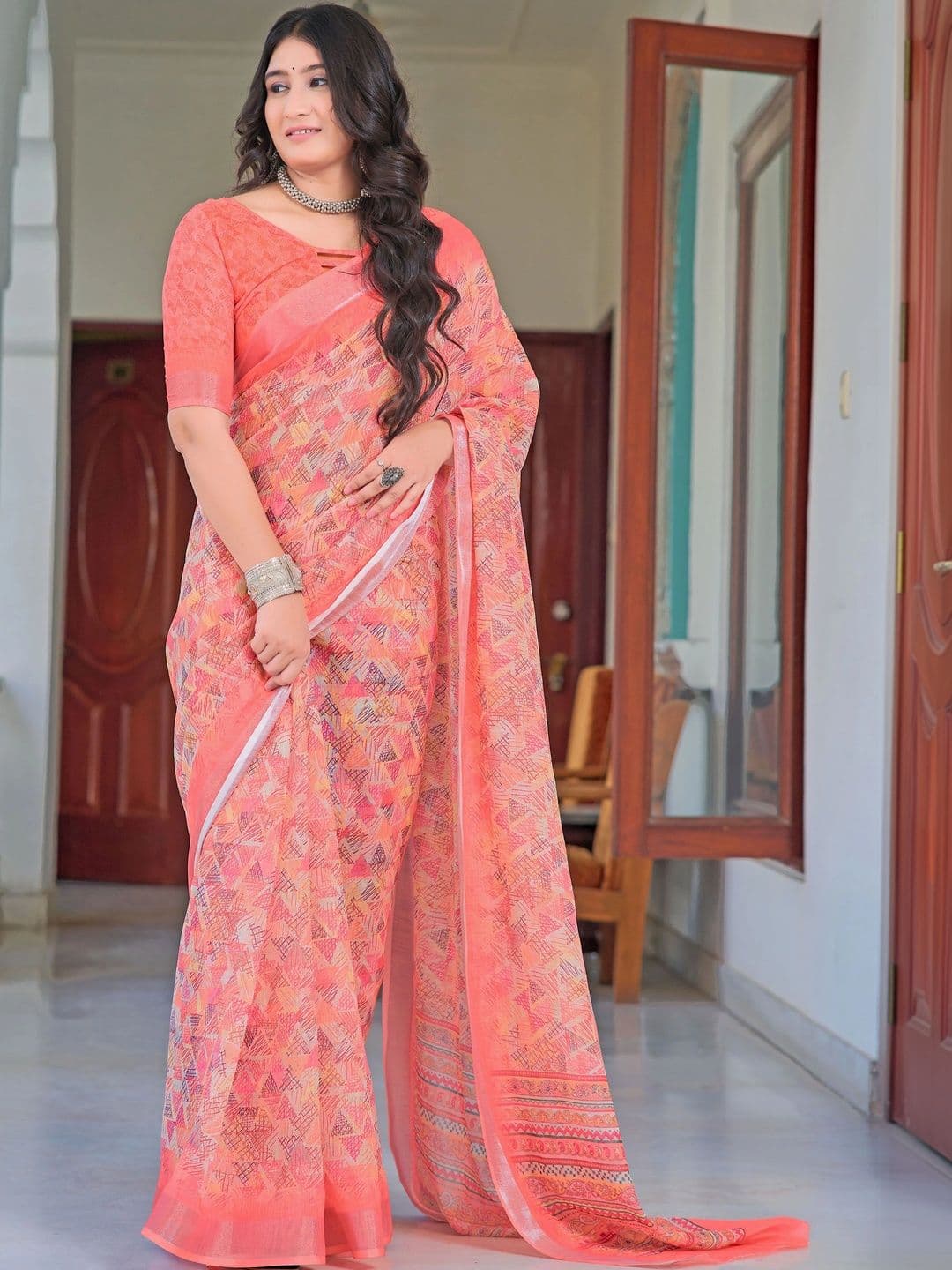 KALINI Floral Zari Pure Linen Fusion Saree - view 1