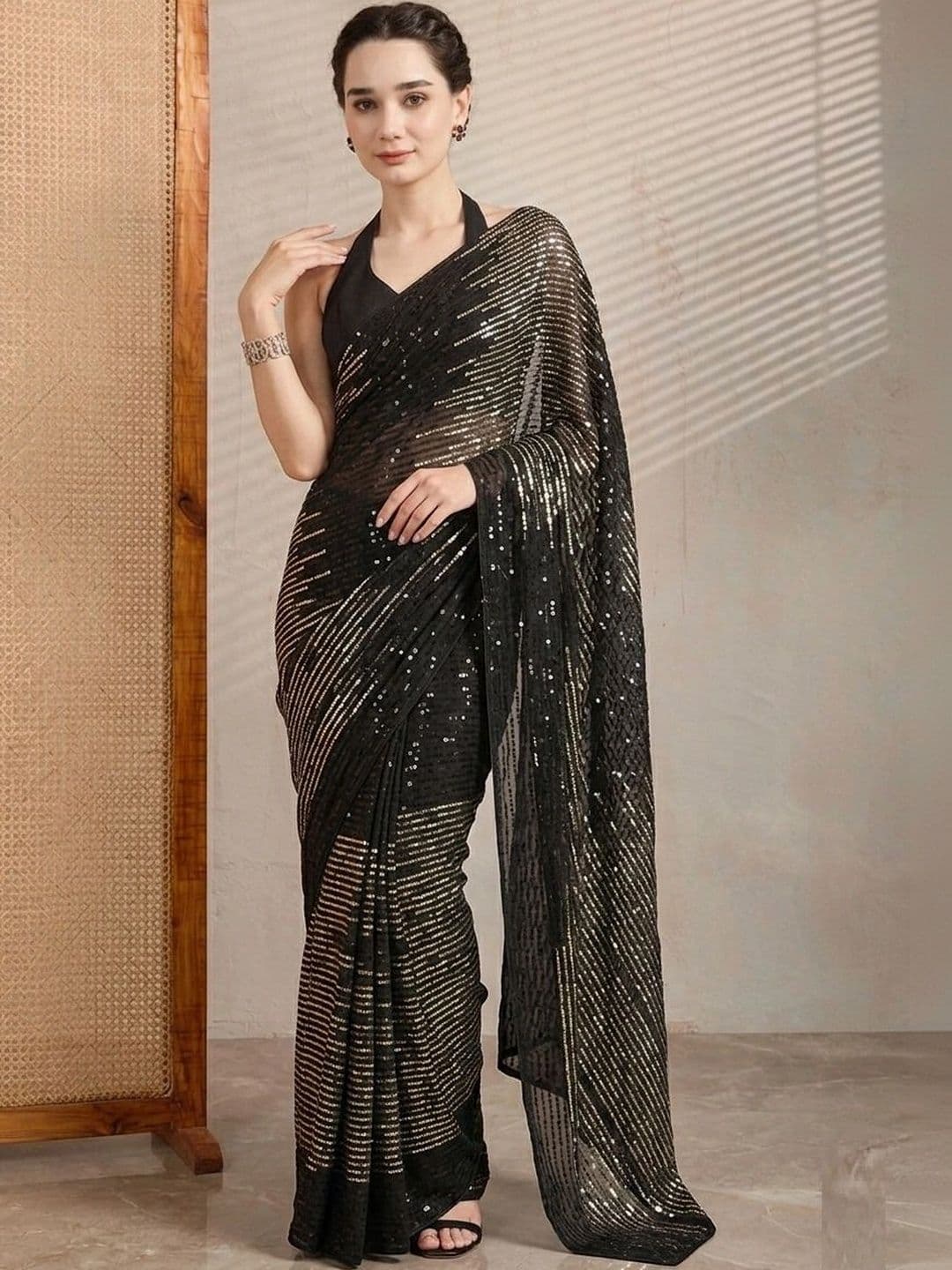 SZN Striped Sequinned Poly Georgette Designer Saree - view 1