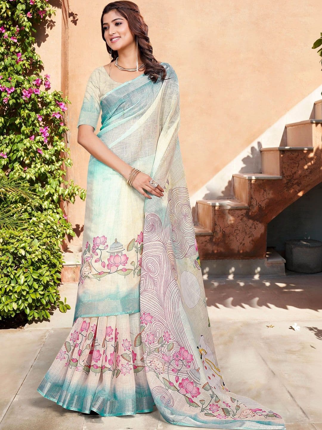 KALINI Floral Zari Pure Linen Fusion Saree - view 1