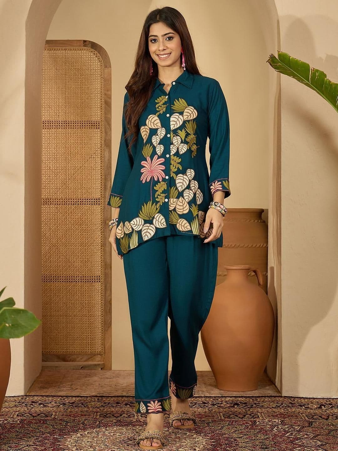 Sangria Floral Embroidered Shirt Collar Tunic With Straight Trousers - view 1