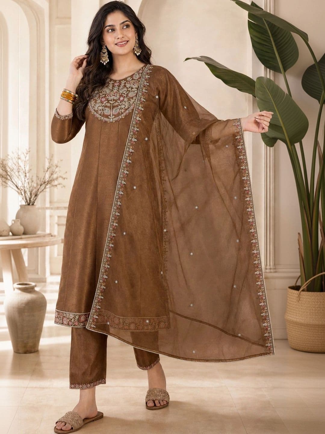 Zeavi Women Ethnic Motifs Embroidered Regular Thread Work Pure Silk Kurta with Trousers & With Dupatta - view 1