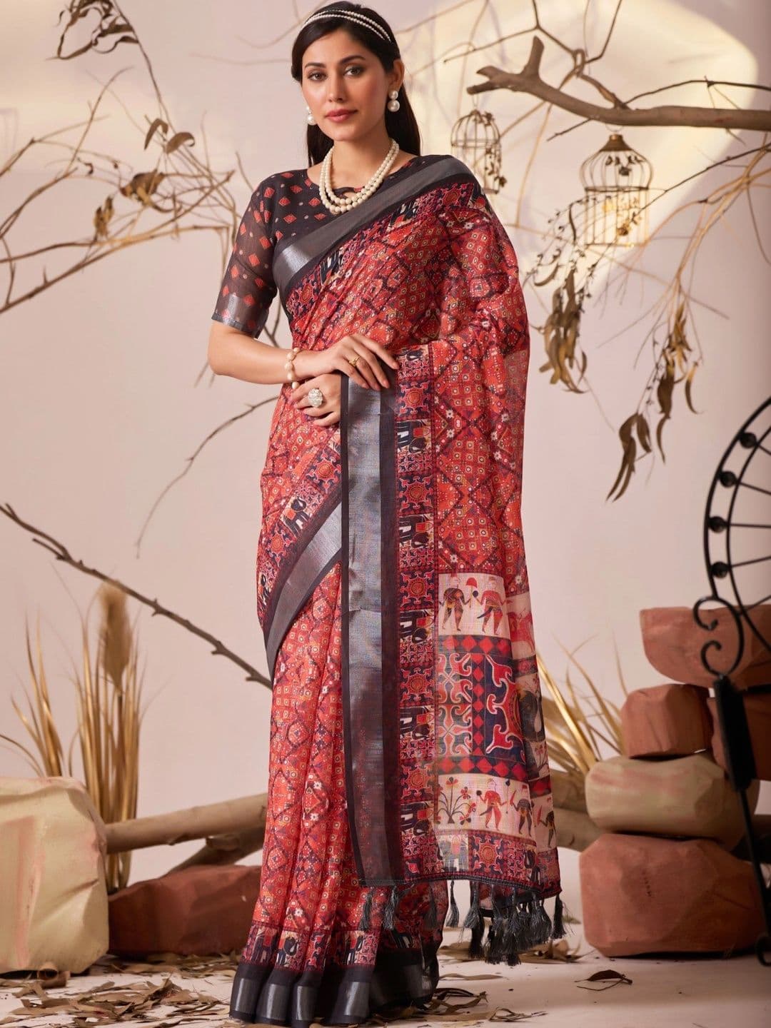 LeeliPeeri Designer Woven Design Zari Linen Blend Designer Patola Saree - view 1
