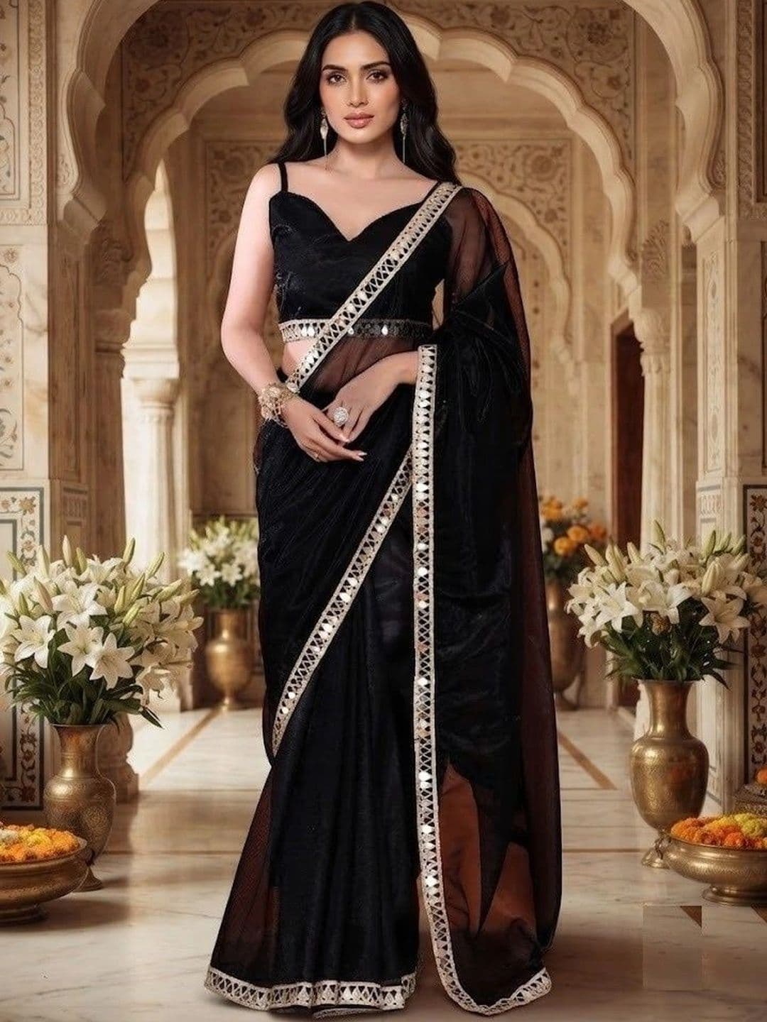FABMORA Mirror Work Organza Saree - view 1