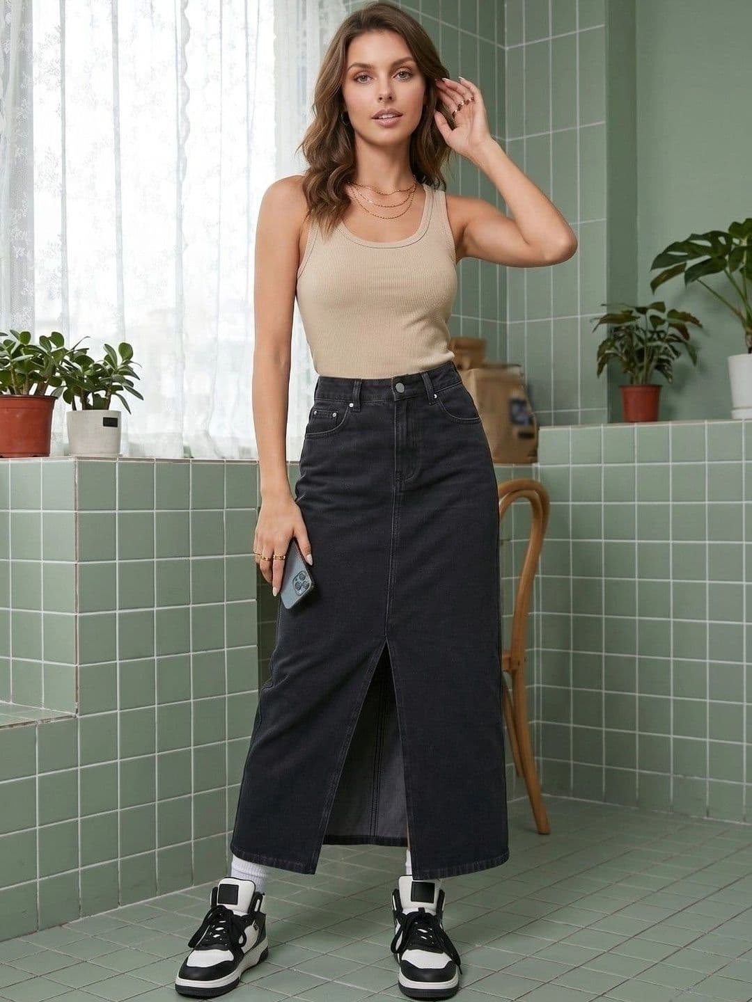 DressBerry Women Denim Blend Front Slit Midi Straight Skirt - view 1