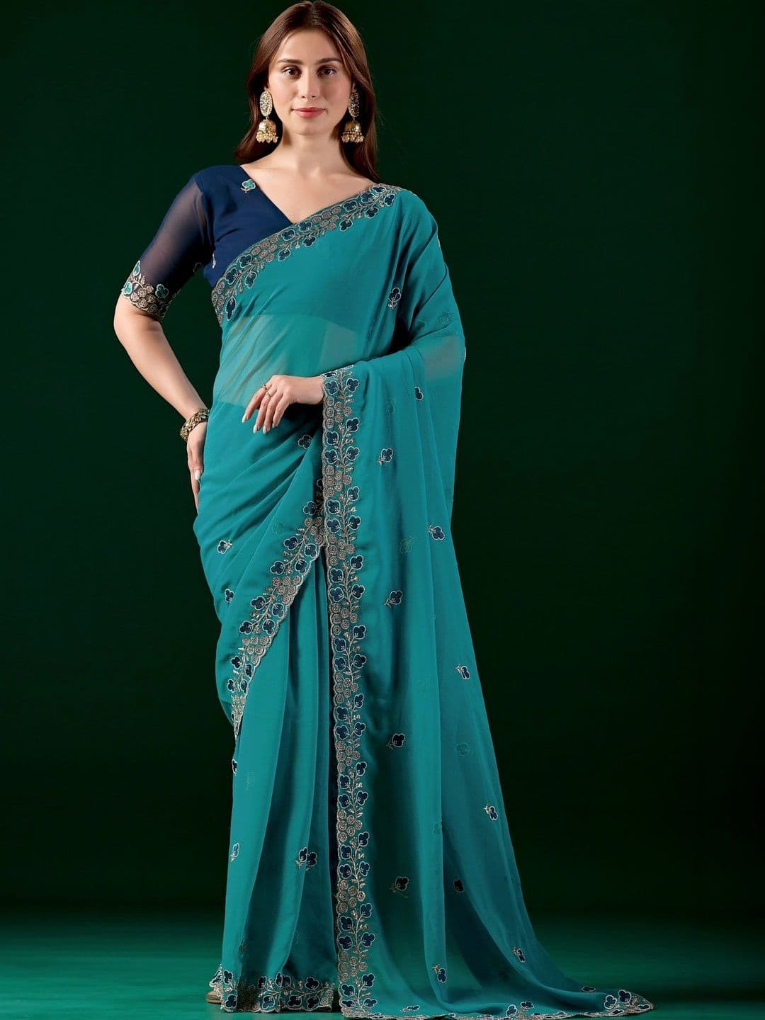 all about you Floral Embroidered Poly Georgette Designer Saree - view 1