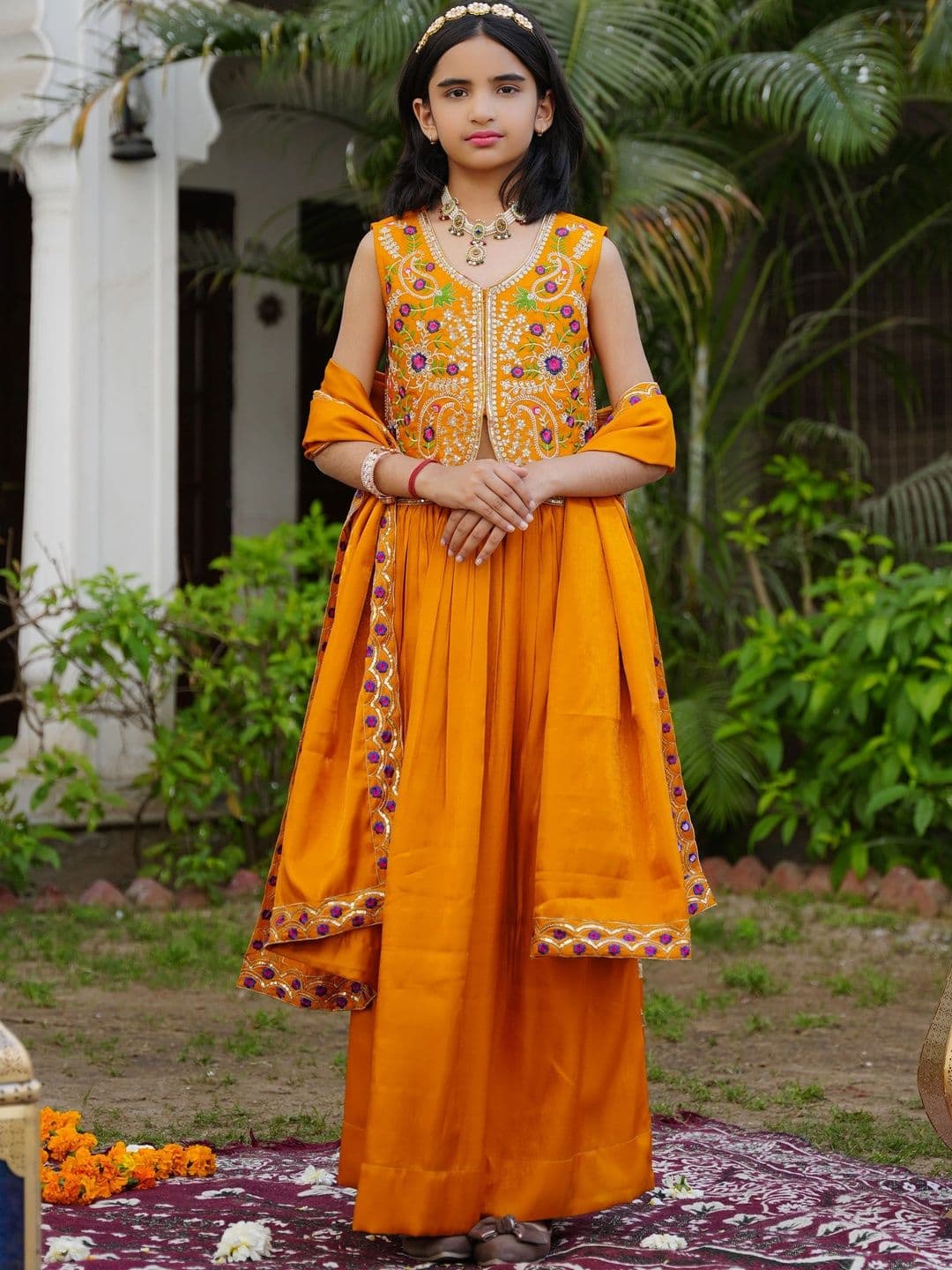 KALINI Girls Embellished Thread Work Ready to Wear Lehenga & Blouse With Dupatta - view 1