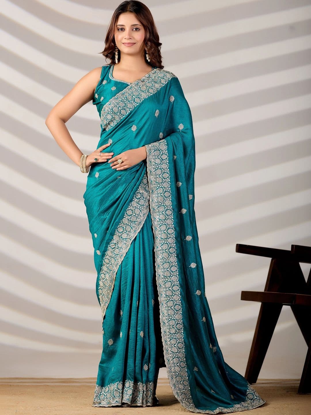 CELEUM Embellished Embroidered Supernet Saree - view 1