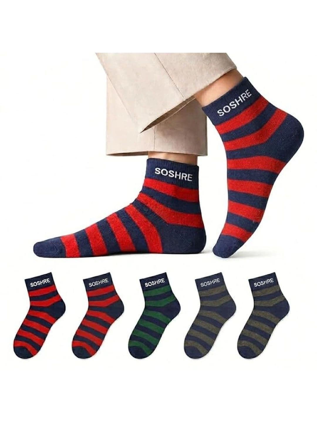 SOSHRE Men Pack of 3 Cotton Assorted Striped Above Ankle Socks - view 1