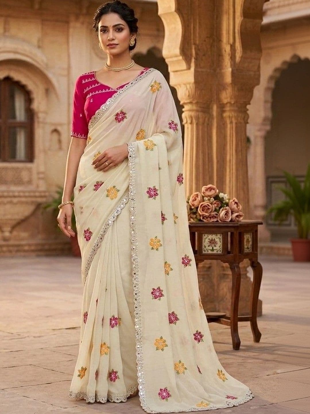 tathastufab Floral Mirror Work Poly Chiffon Designer Saree - view 1