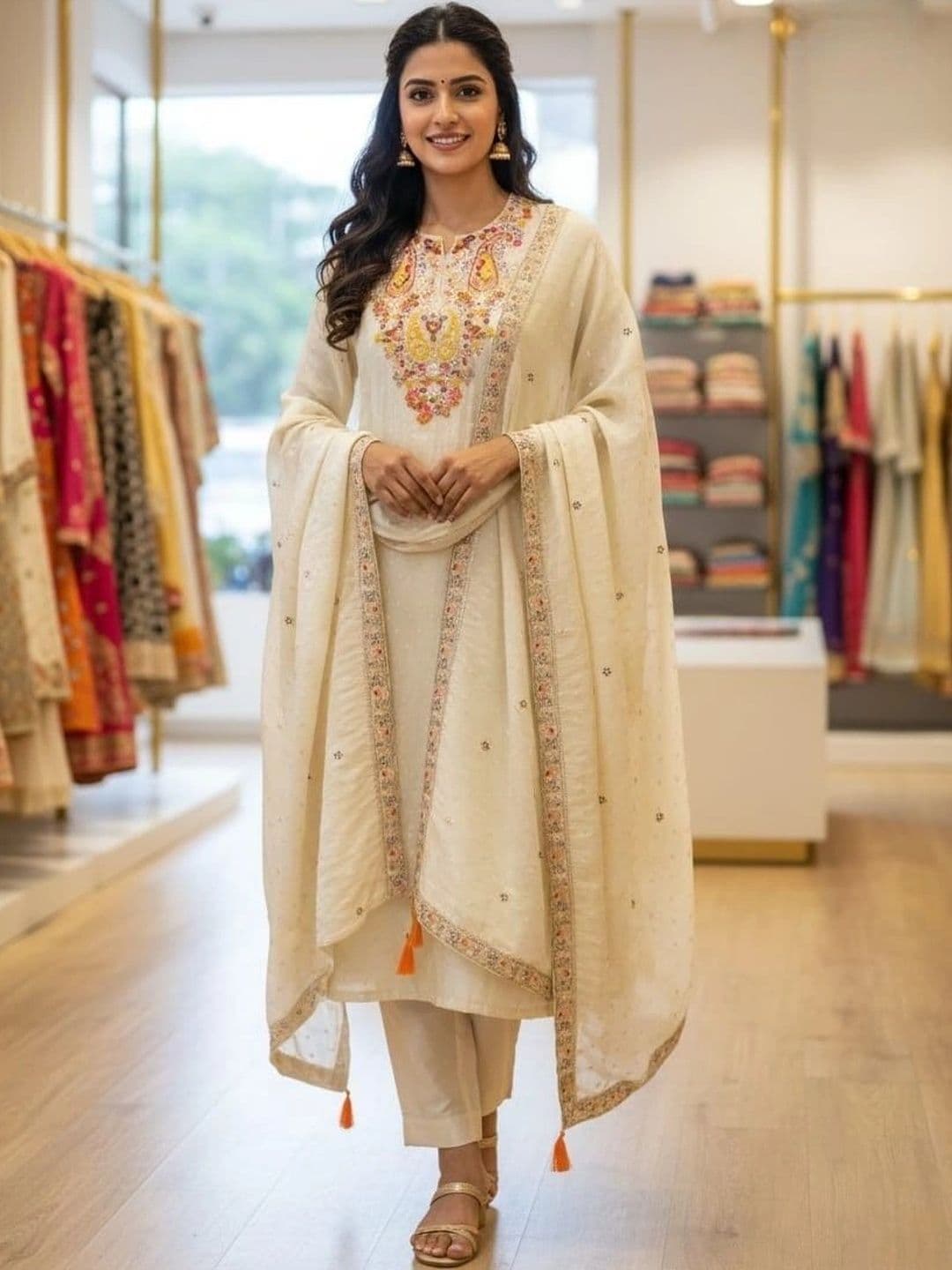 Liliba Embroidered Round Neck Straight Kurta & Trousers With Dupatta - view 1