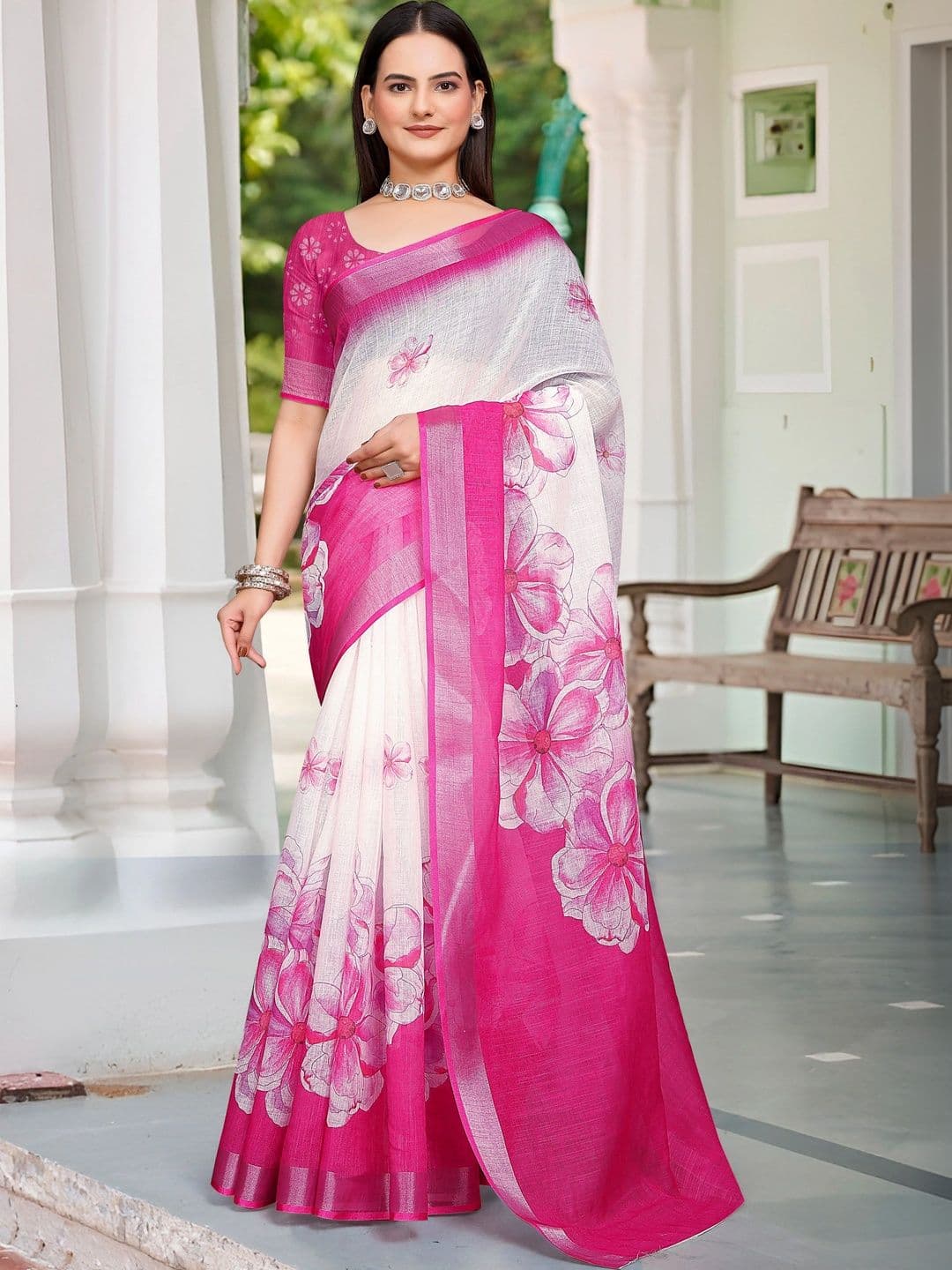 KALINI Floral Zari Pure Linen Fusion Saree - view 1