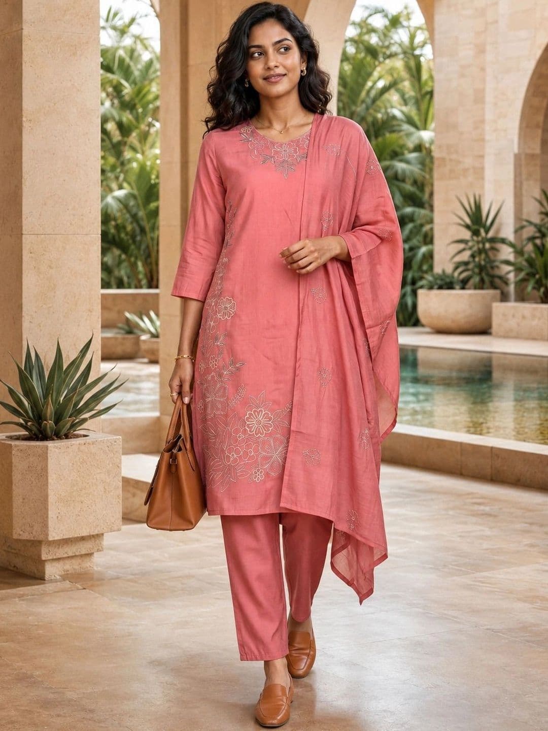 Zeavi Women Floral Embroidered Regular Thread Work Chanderi Silk Kurta with Trousers & With Dupatta - view 1