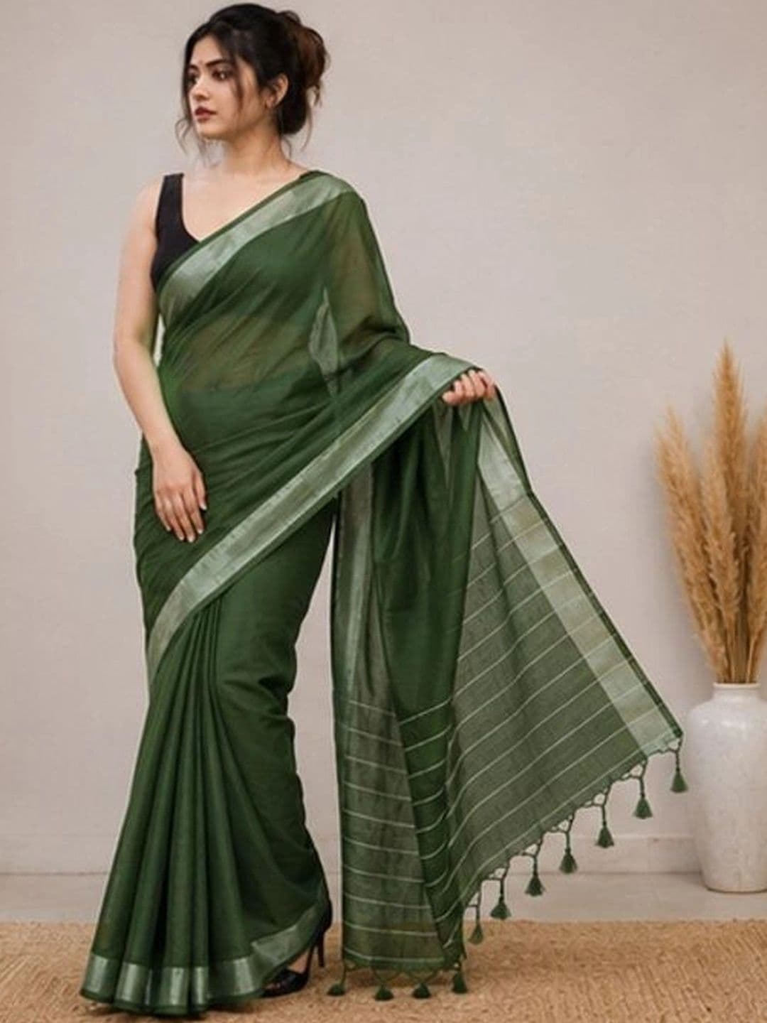 srinjan fashion Linen Blend Saree - view 1