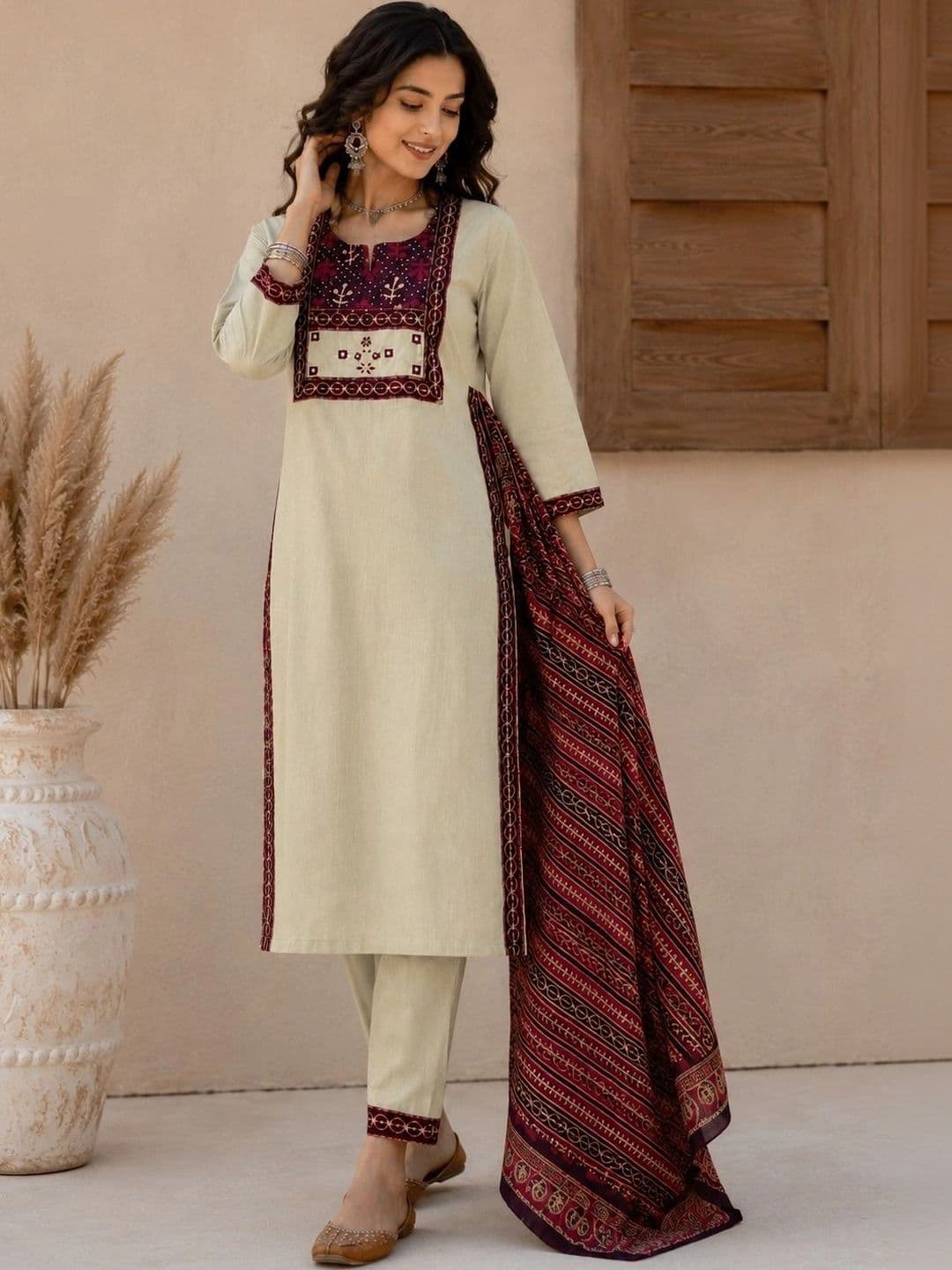 Sangria Women Ethnic Motifs Embroidered Regular Thread Work Pure Cotton Kurta with Trousers & With Dupatta - view 1