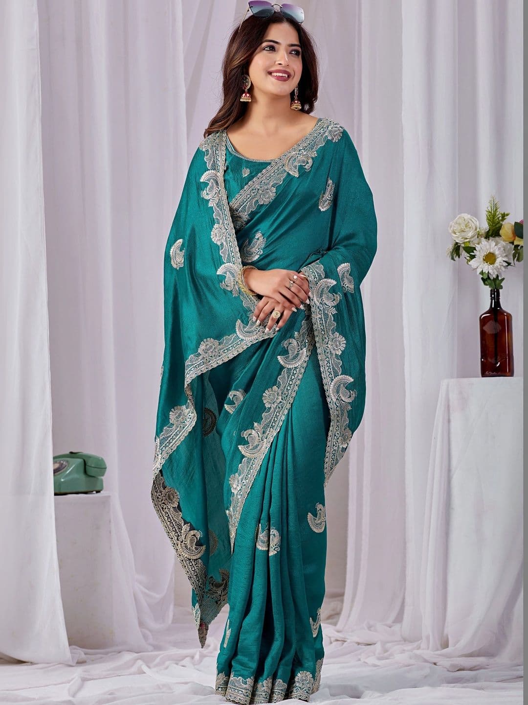CELEUM Paisley Embroidered Supernet Saree - view 1