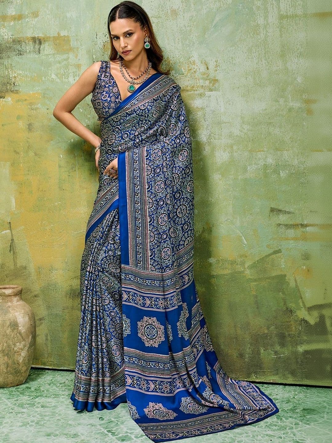 Sangria Satin Designer Block Print Saree - view 1