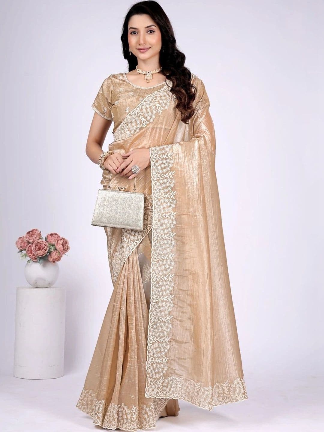 Moda Rapido Floral Embroidered Tissue Saree - view 1