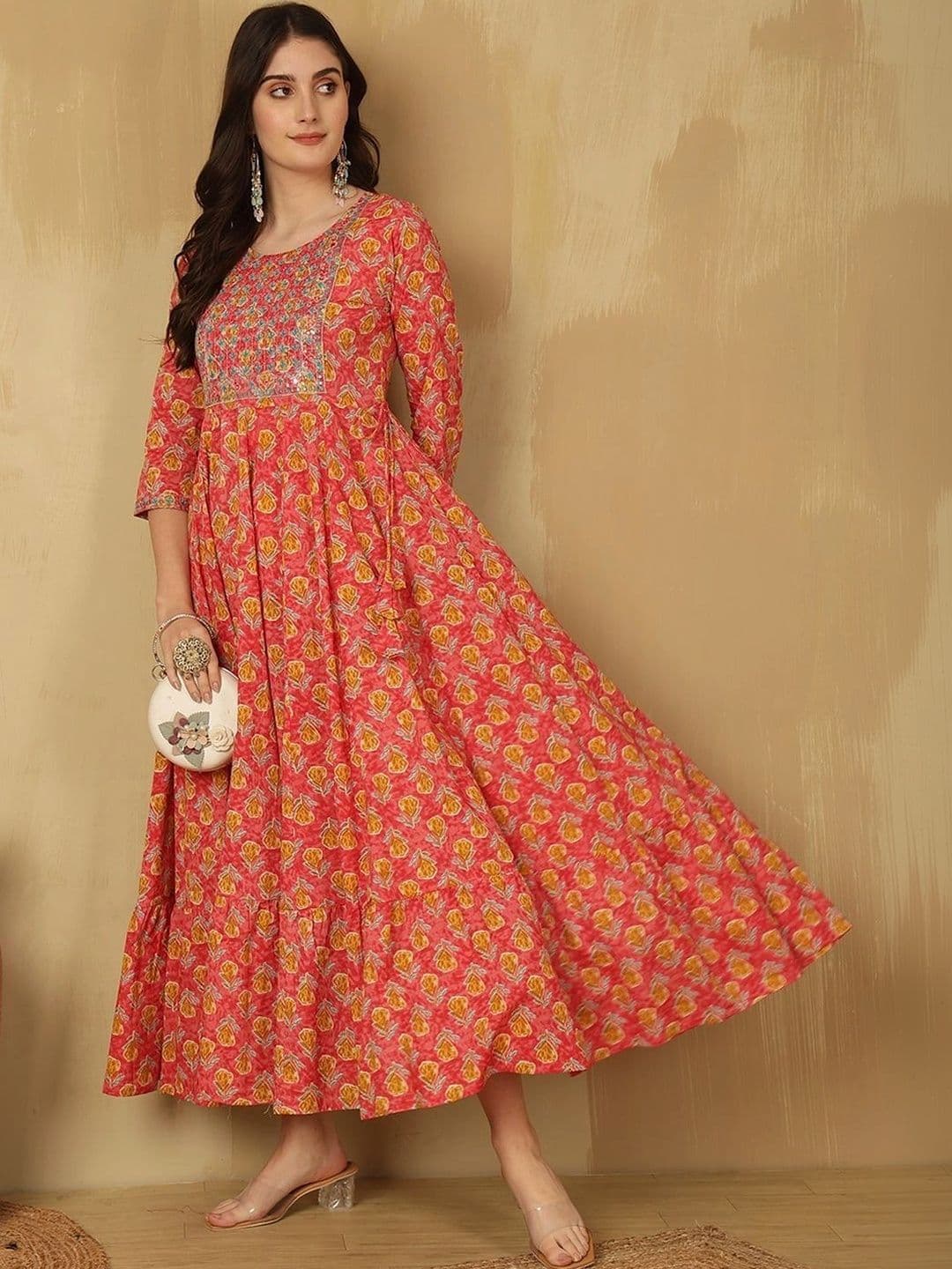 KALINI Women Floral Printed Thread Work Floral Anarkali Kurta - view 1