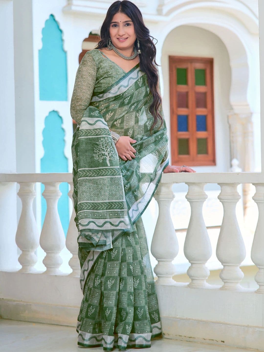 KALINI Floral Zari Pure Linen Fusion Saree - view 1