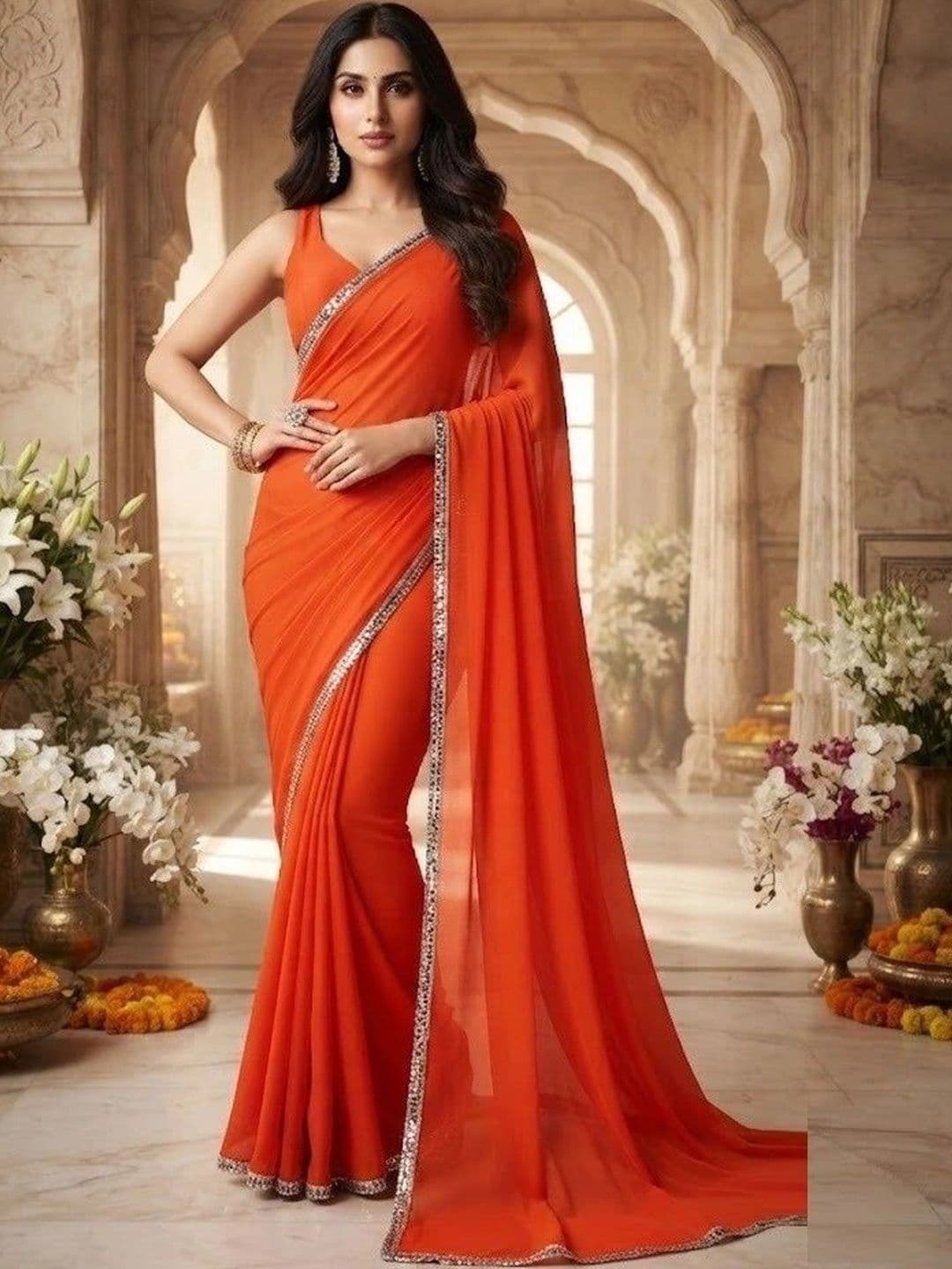 FABMORA Embellished Pure Georgette Saree - view 1
