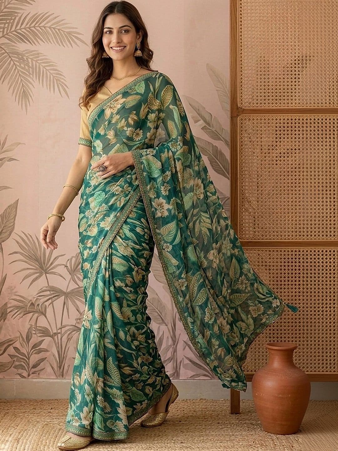 Sangria Floral Pure Chiffon Saree - view 1