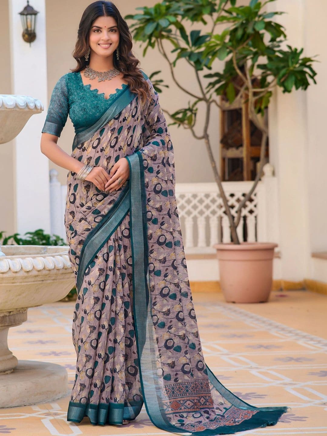 KALINI Floral Zari Pure Linen Fusion Saree - view 1