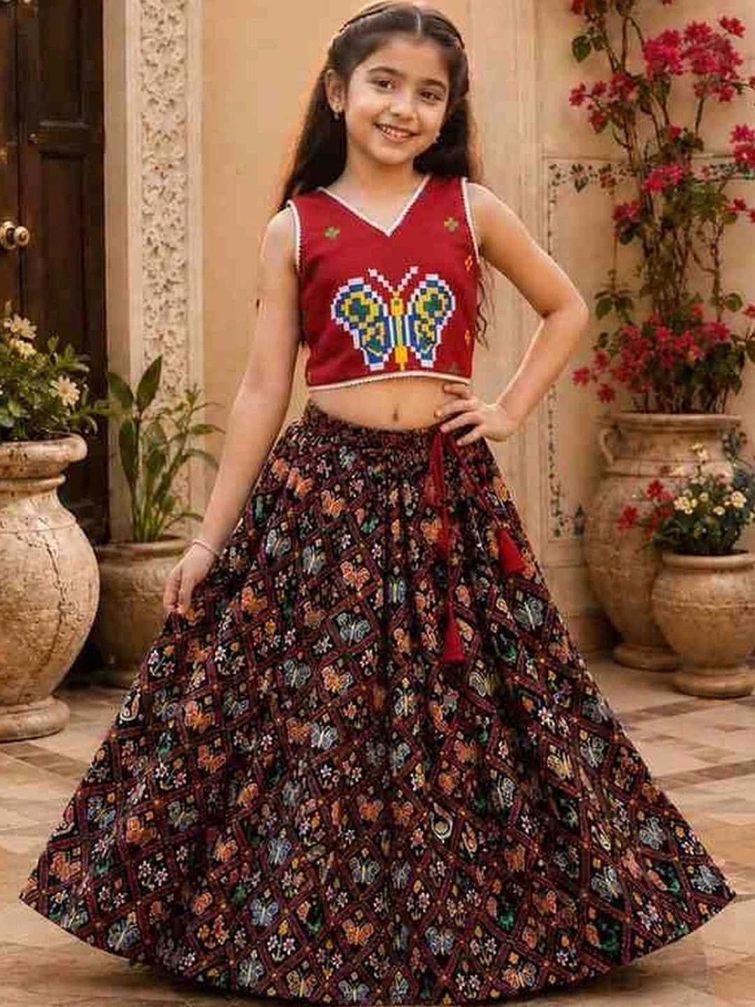 KALINI Girls Embroidered Thread Work Ikat Ready to Wear Lehenga & - view 1