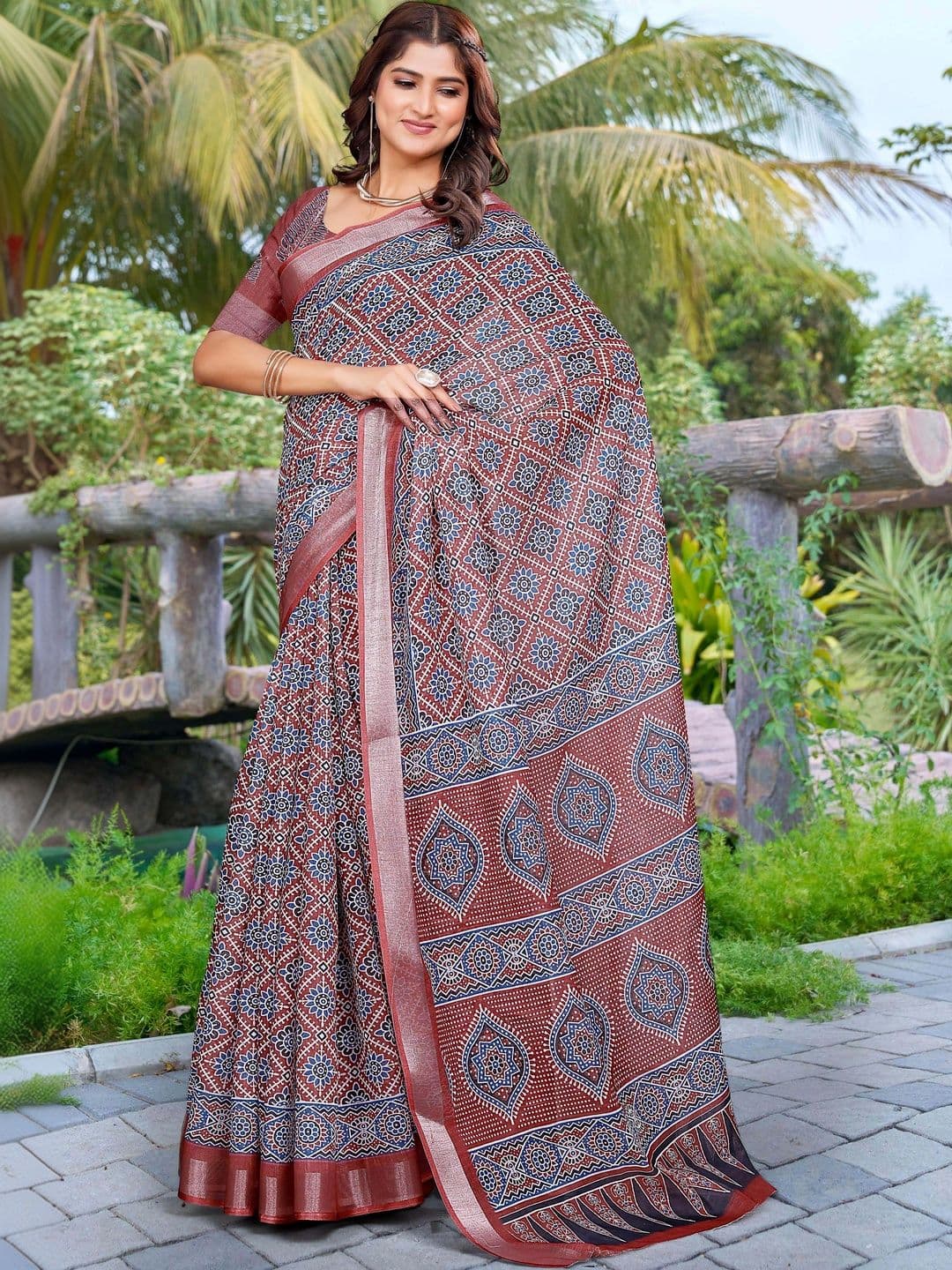 KALINI Floral Zari Pure Linen Fusion Saree - view 1