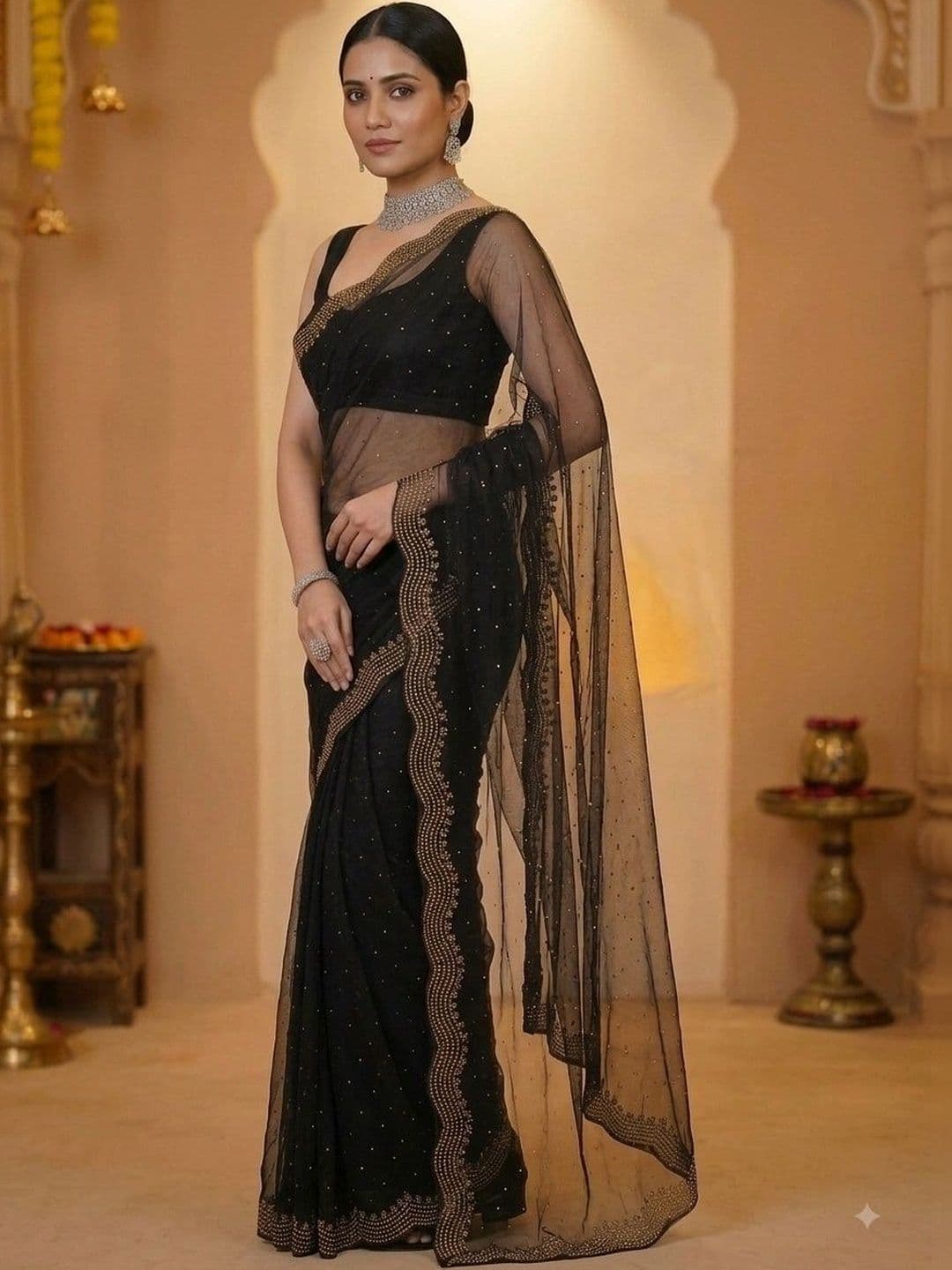 Akshmi Creation Embellished Supernet Saree - view 1