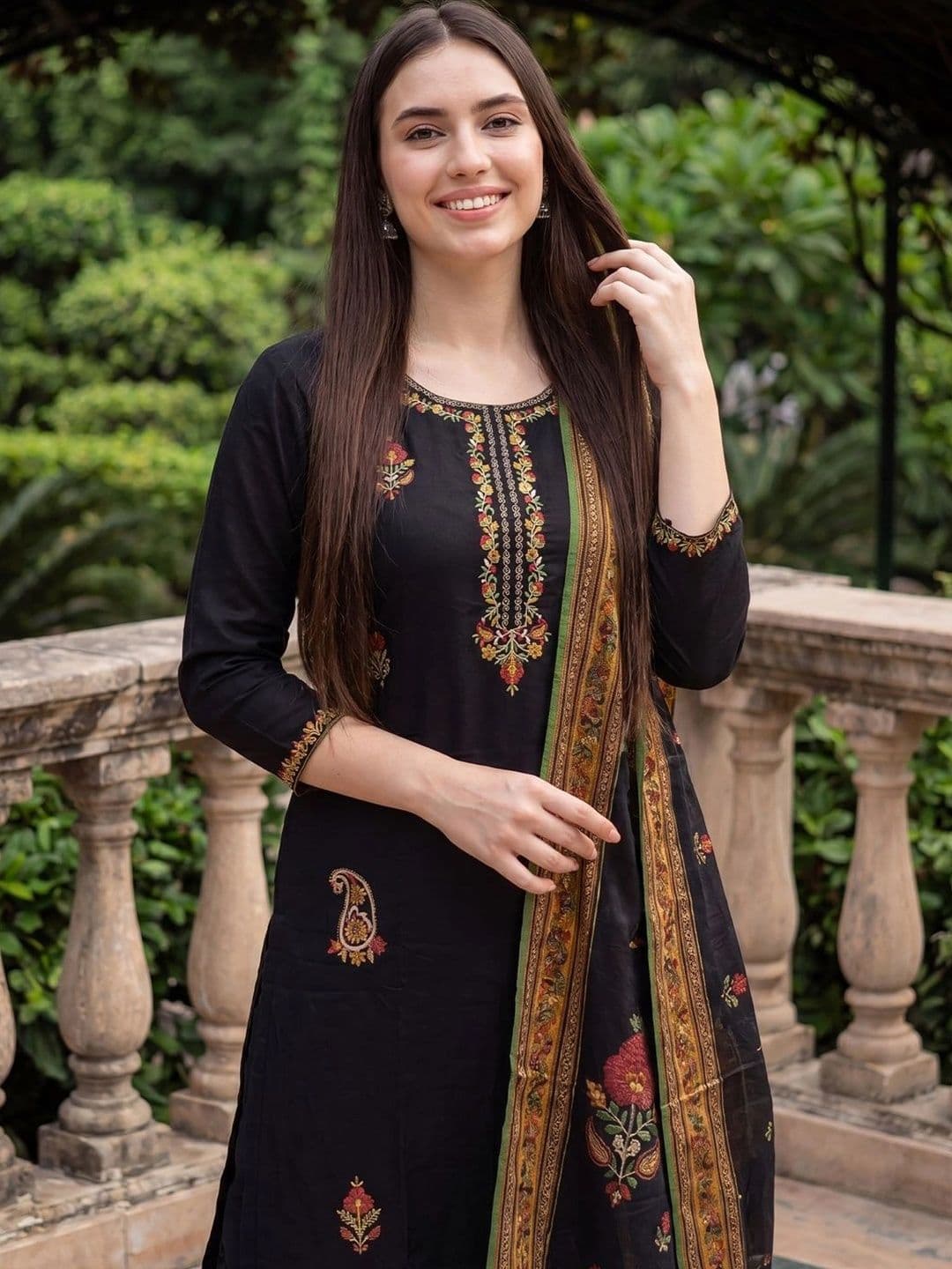 Indo Era Women Ethnic Motifs Embroidered Regular Thread Work Kurta with Trousers & With Dupatta - view 1