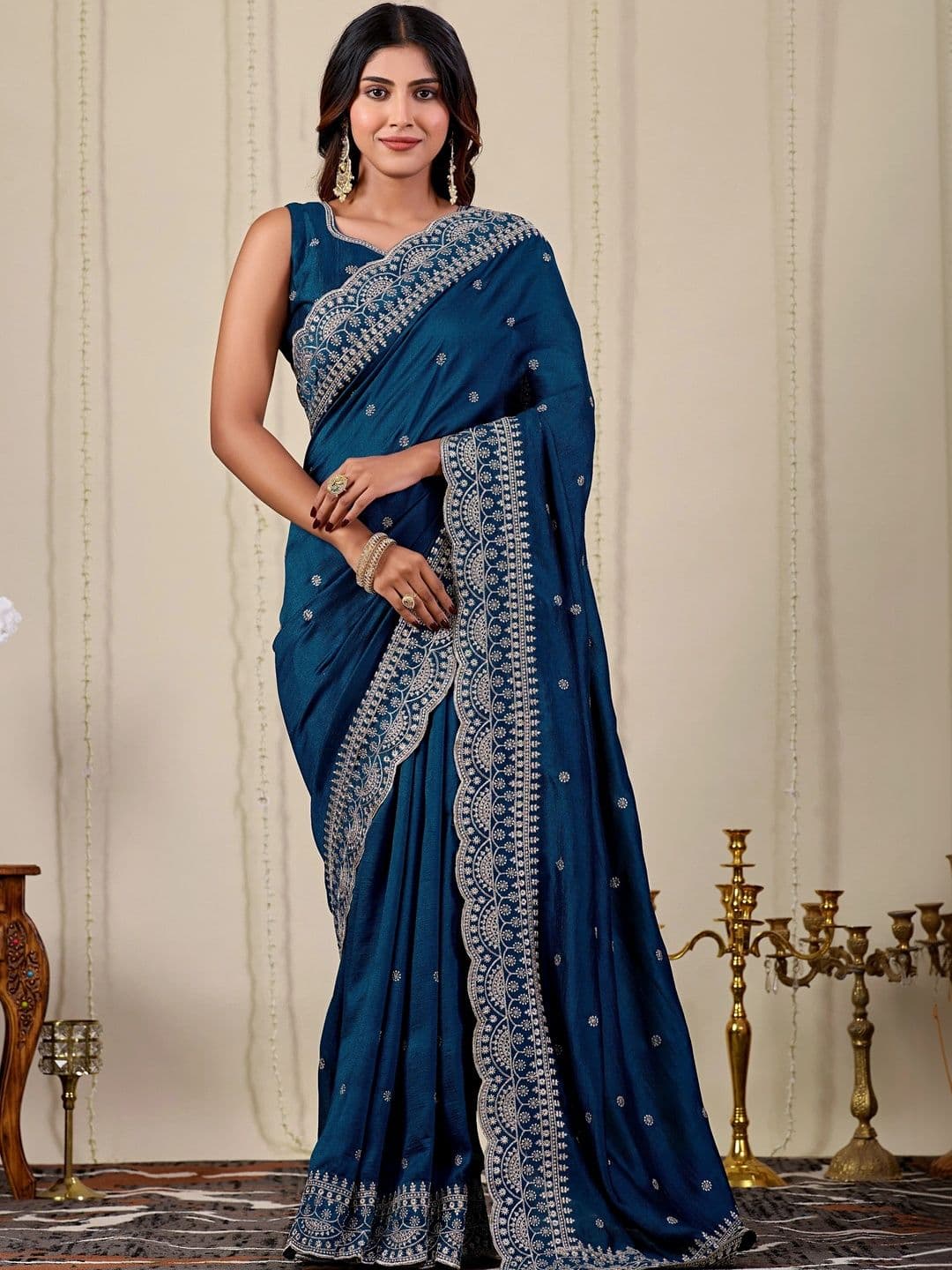 CELEUM Embellished Embroidered Supernet Saree - view 1
