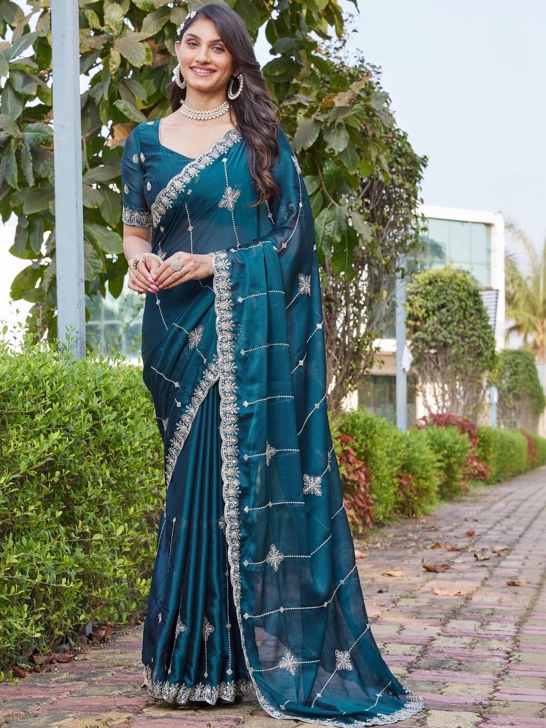 HERE&NOW Embellished Embroidered Satin Fusion Saree - view 1