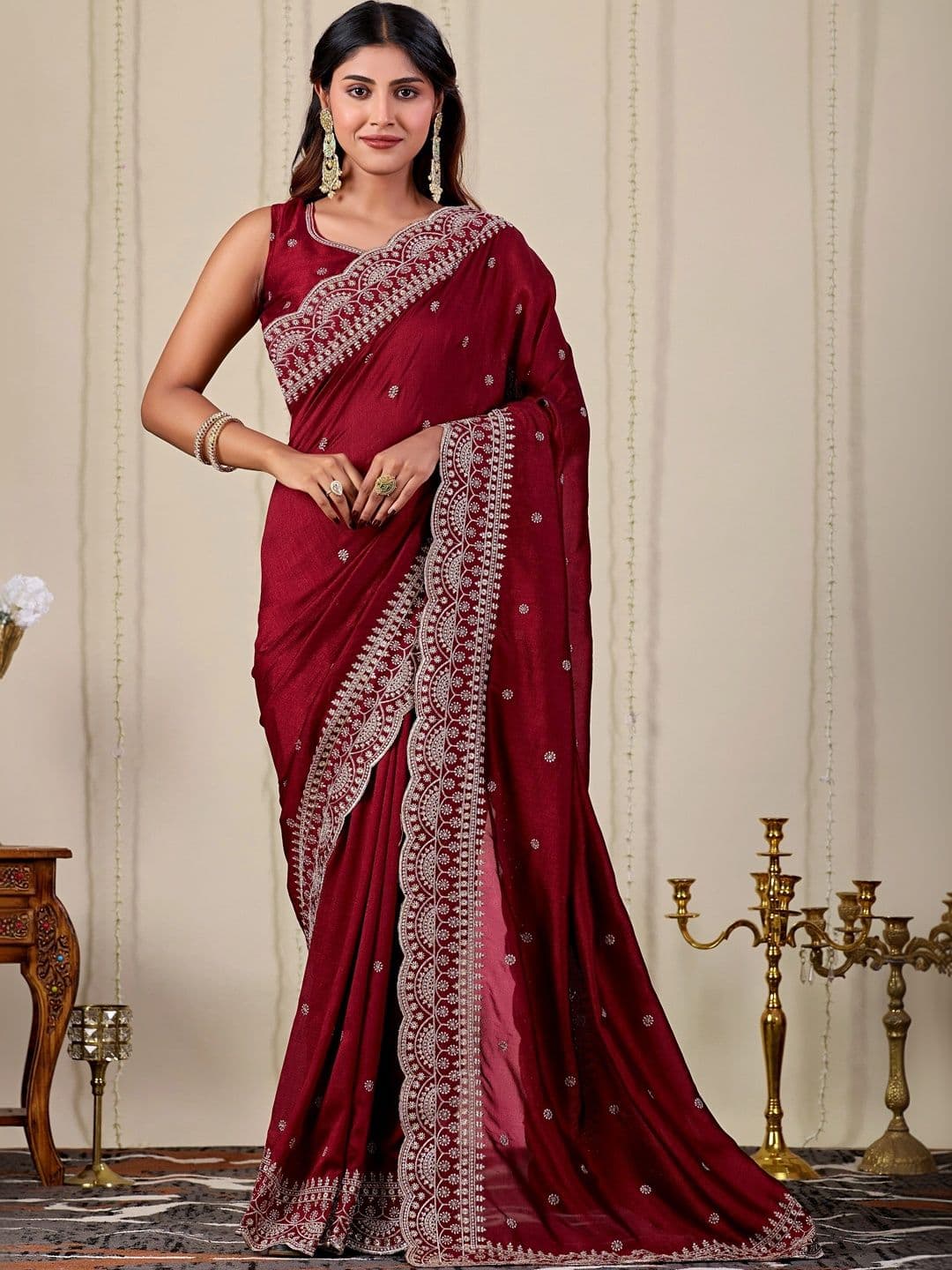CELEUM Embellished Embroidered Supernet Saree - view 1