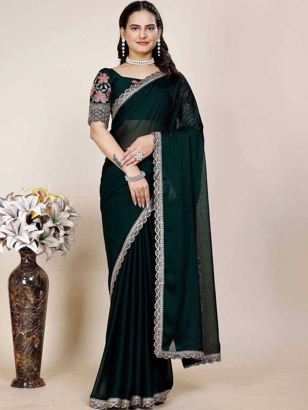 all about you Floral Embroidered Poly Chiffon Designer Saree - view 1